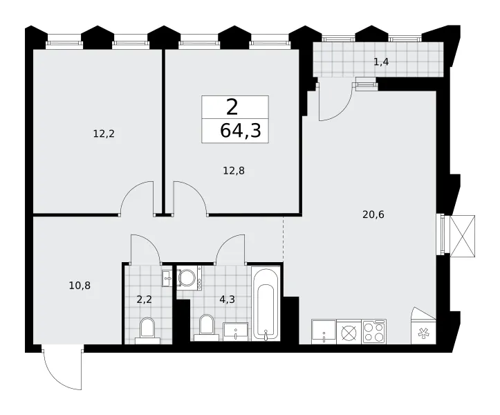 2-комн. 64.3 м²