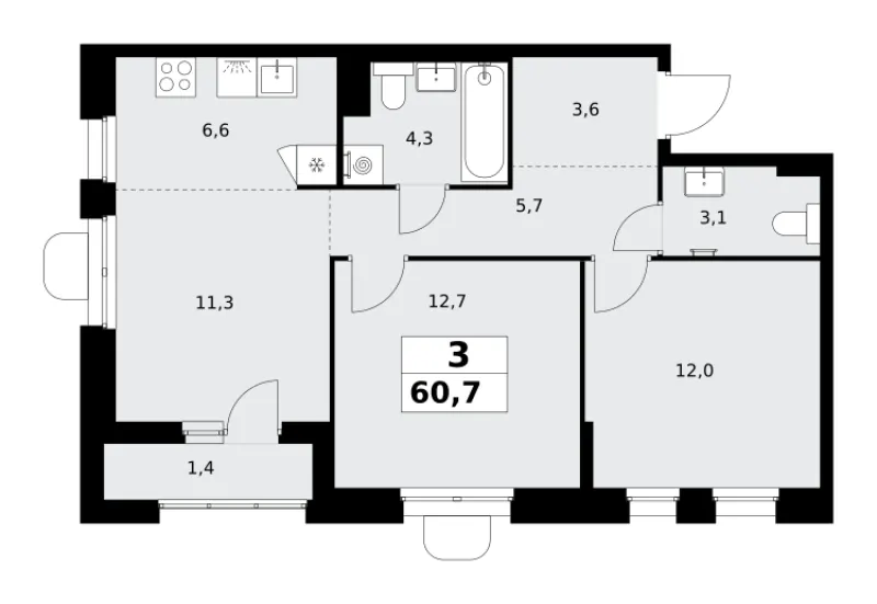 3-комн. 60.7 м²