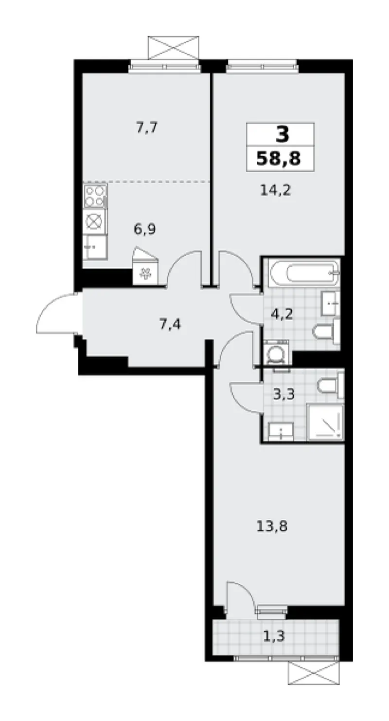 3-комн. 58.9 м²