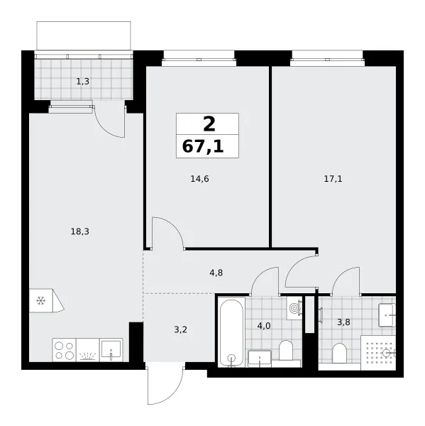 2-комн. 67.1 м²