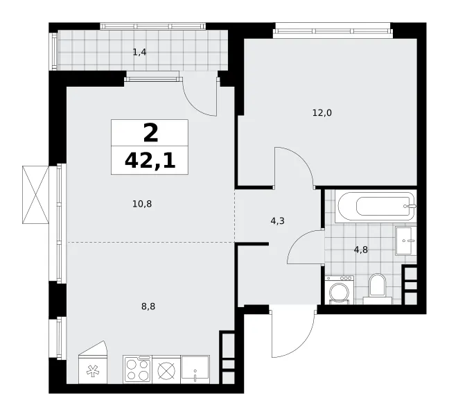 2-комн. 42.1 м²