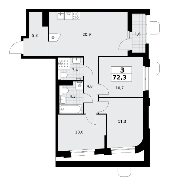 3-комн. 72.3 м²