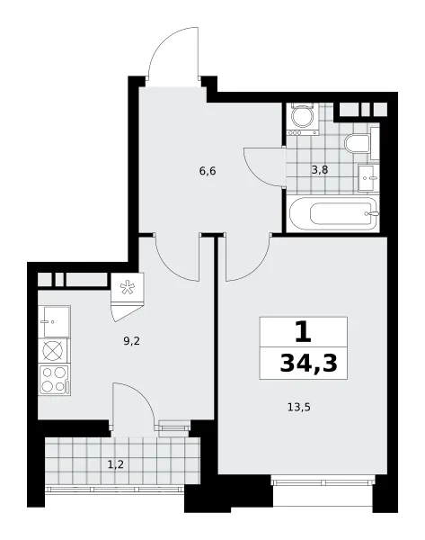 1-комн. 34.3 м²