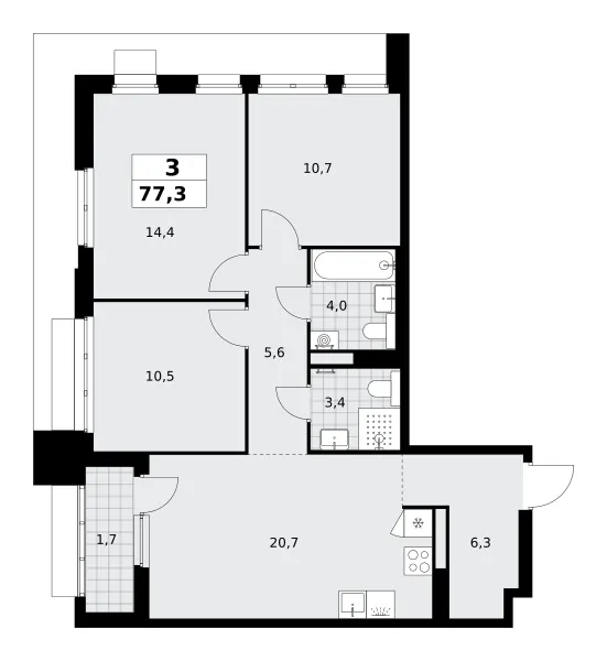 3-комн. 77.3 м²