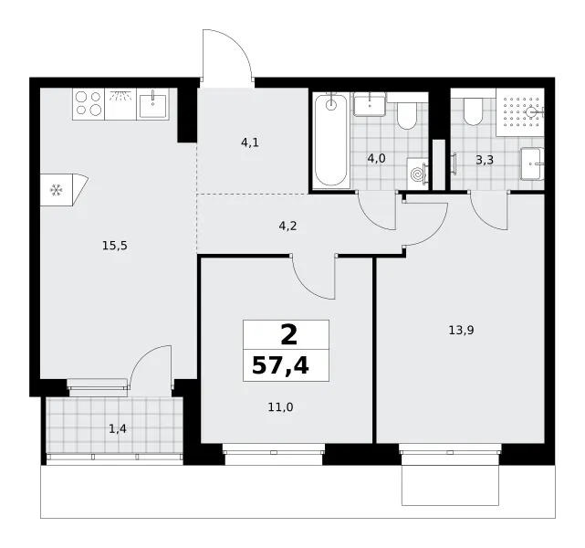2-комн. 57.4 м²