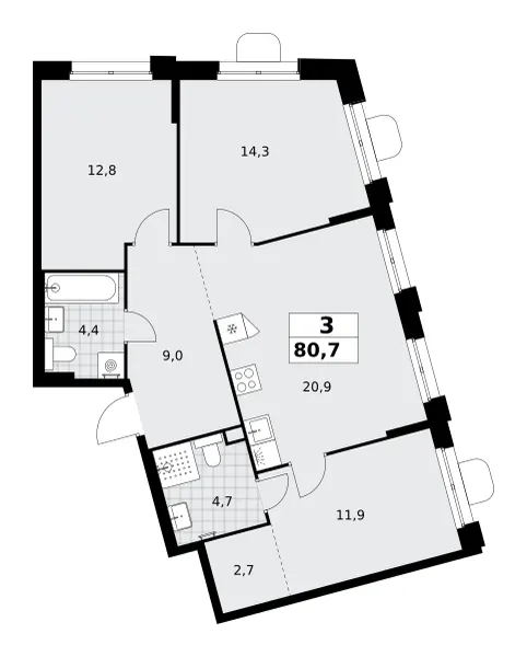 3-комн. 80.7 м²