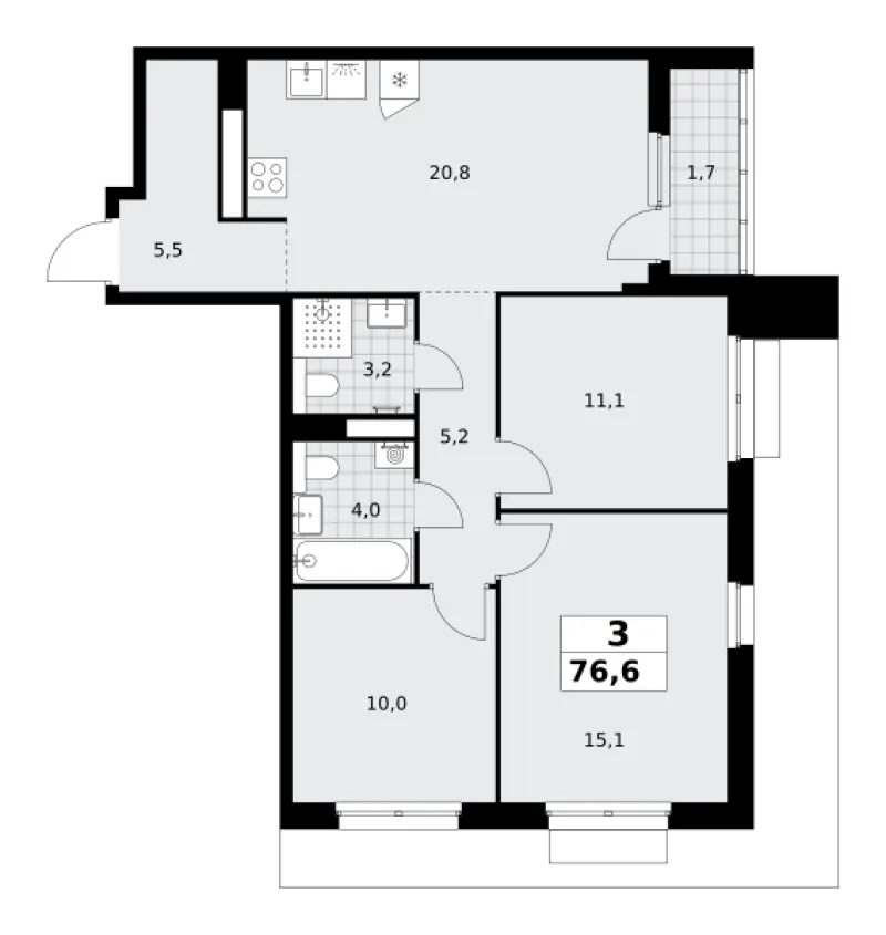 3-комн. 76.6 м²