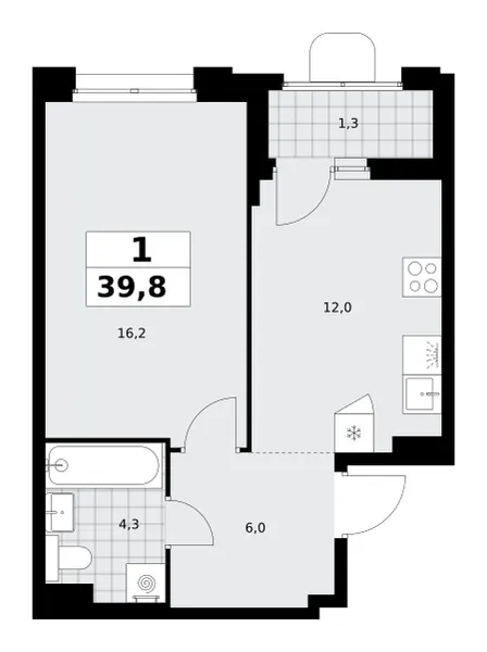 1-комн. 39.8 м²