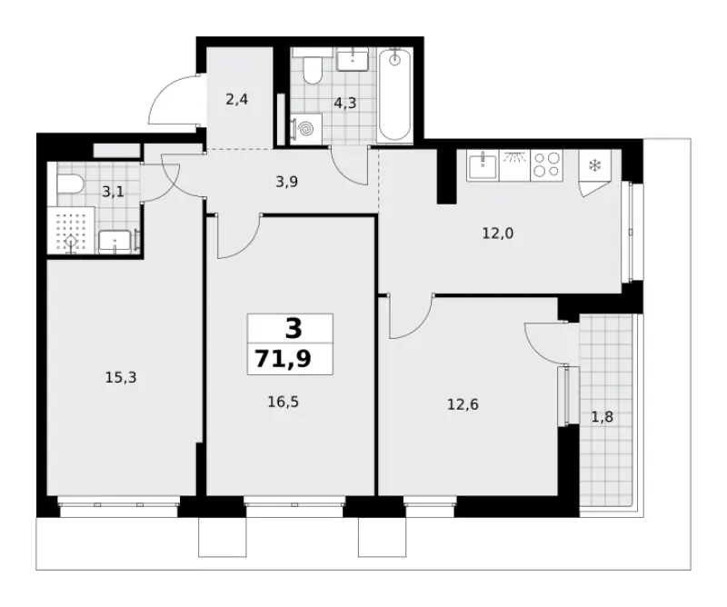 3-комн. 71.9 м²