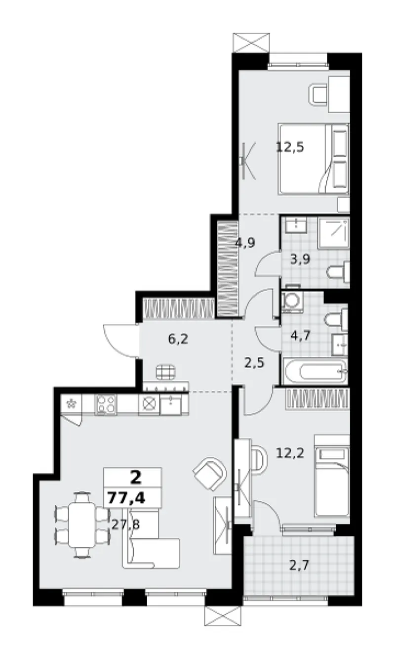 2-комн. 77.4 м²