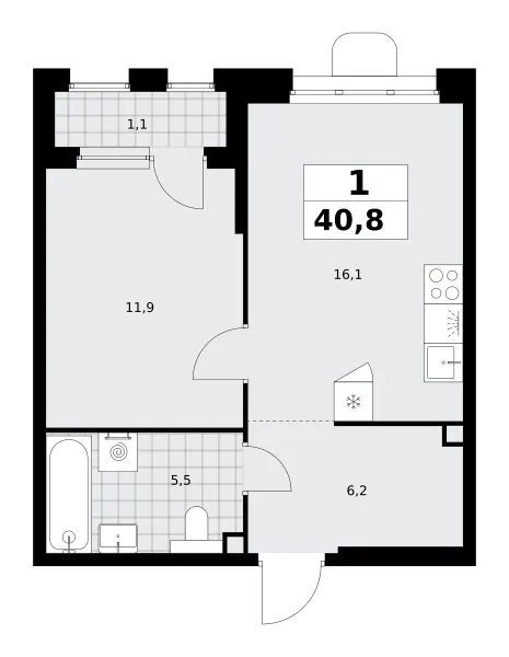 1-комн. 40.8 м²