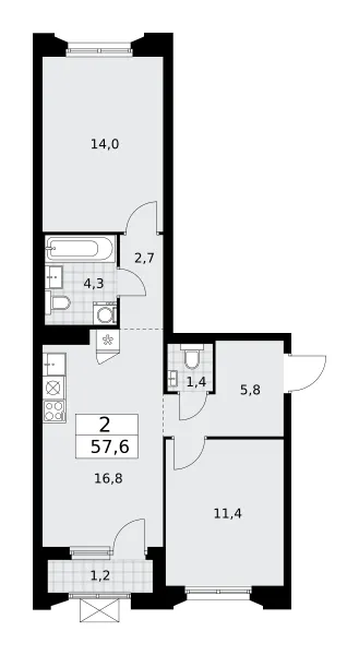 2-комн. 57.6 м²