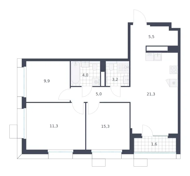 3-комн. 77.1 м²