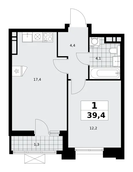 1-комн. 39.4 м²