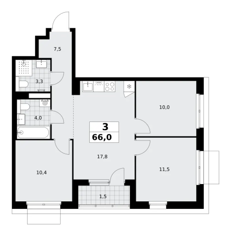 3-комн. 66 м²