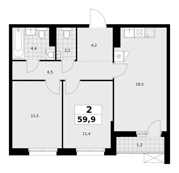 2-комн. 59.9 м²