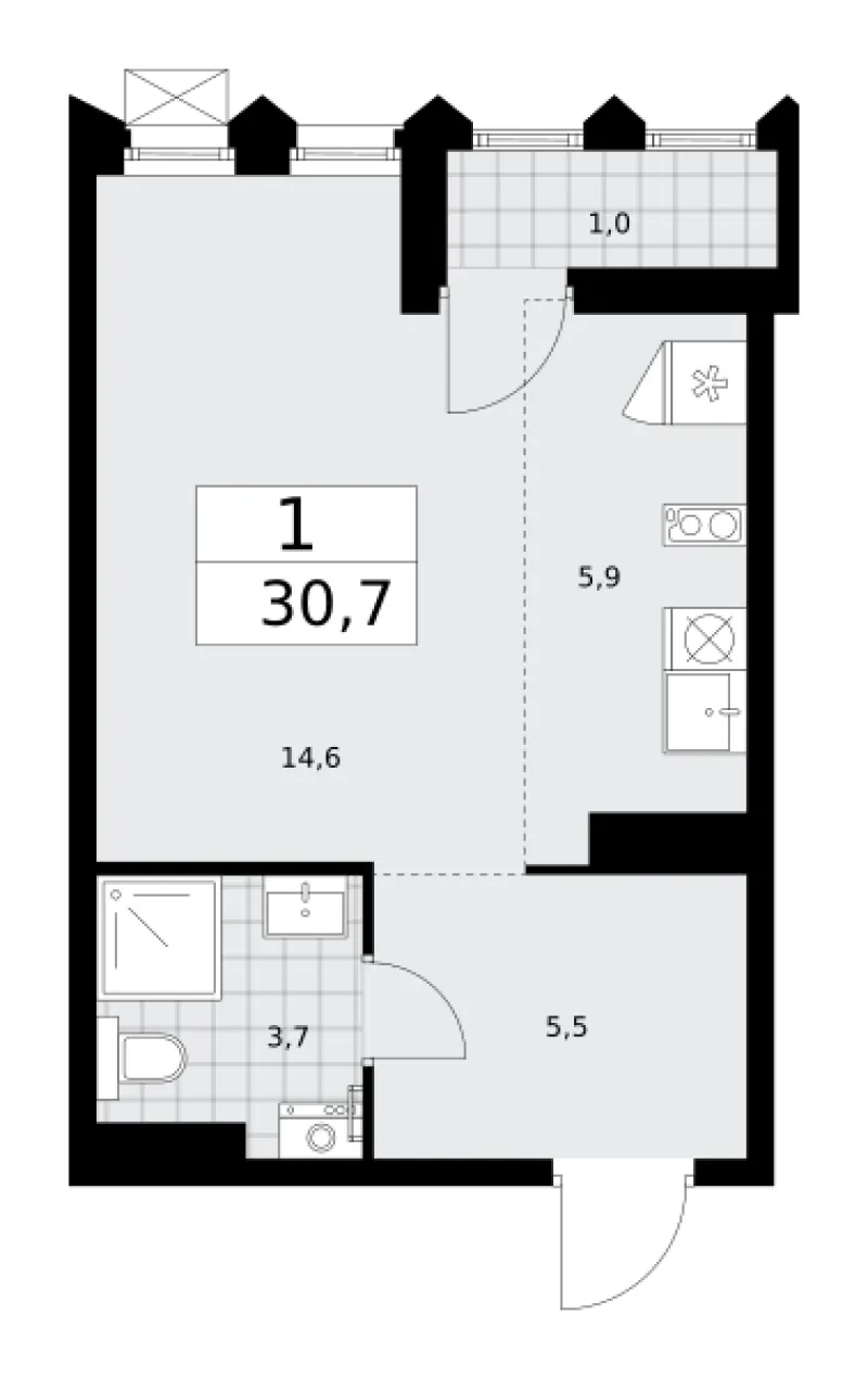 Студия 30.7 м²