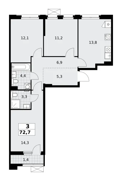 3-комн. 72.7 м²