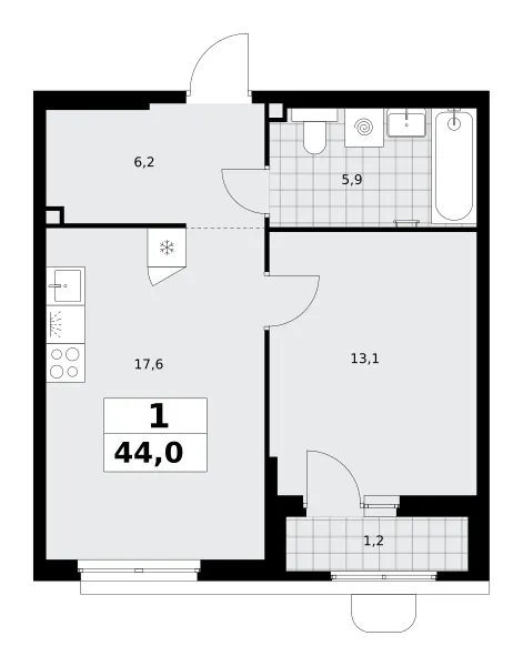 1-комн. 44 м²