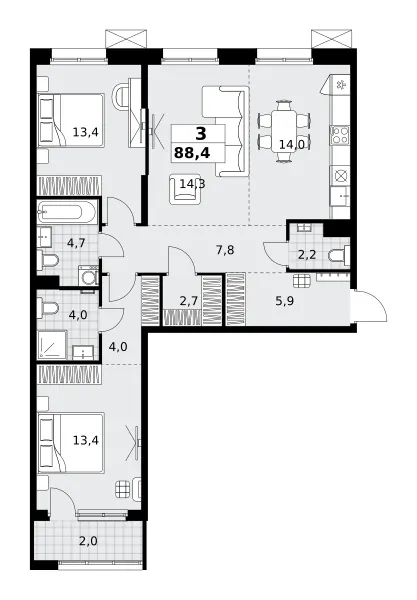 3-комн. 88.4 м²