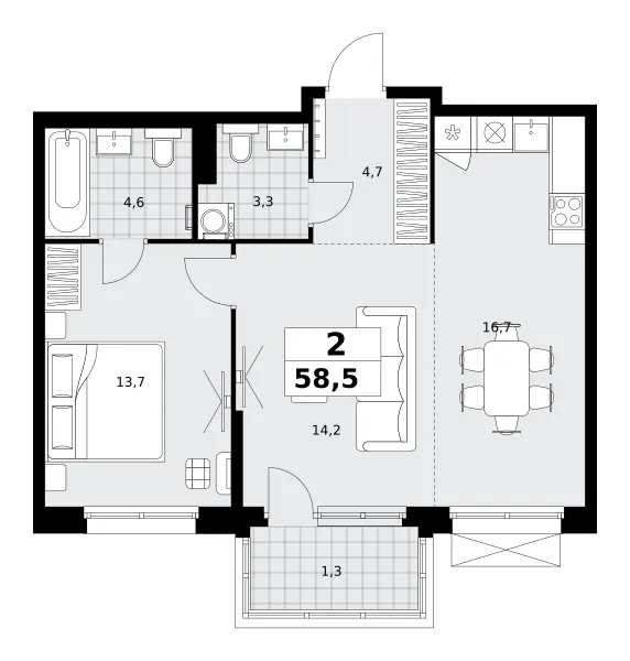2-комн. 58.5 м²