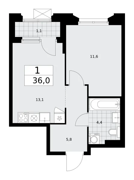 1-комн. 36 м²