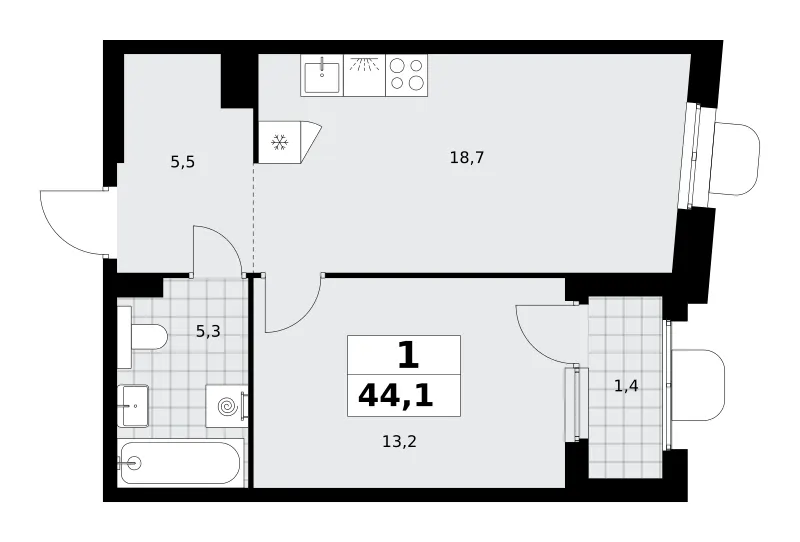 1-комн. 44.1 м²