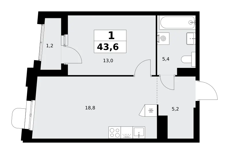 1-комн. 43.6 м²