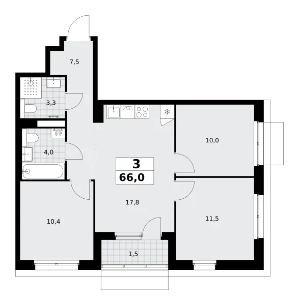 3-комн. 66 м²