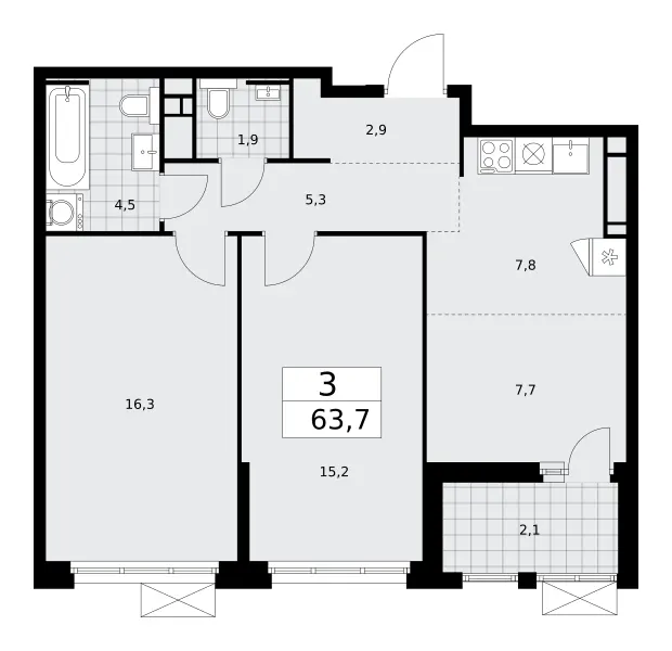 3-комн. 63.7 м²