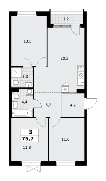 3-комн. 75.7 м²