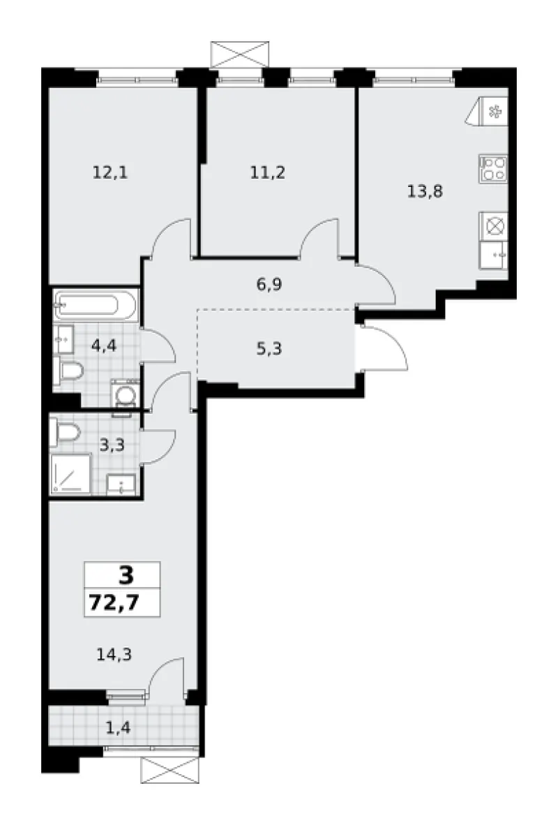 3-комн. 72.7 м²