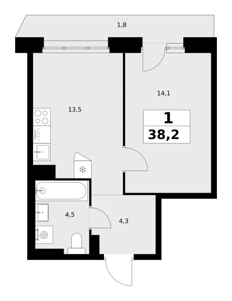 1-комн. 38.2 м²
