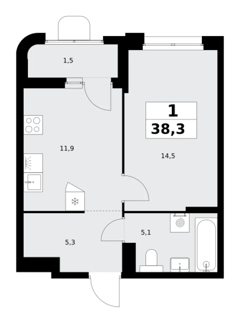 1-комн. 38.3 м²