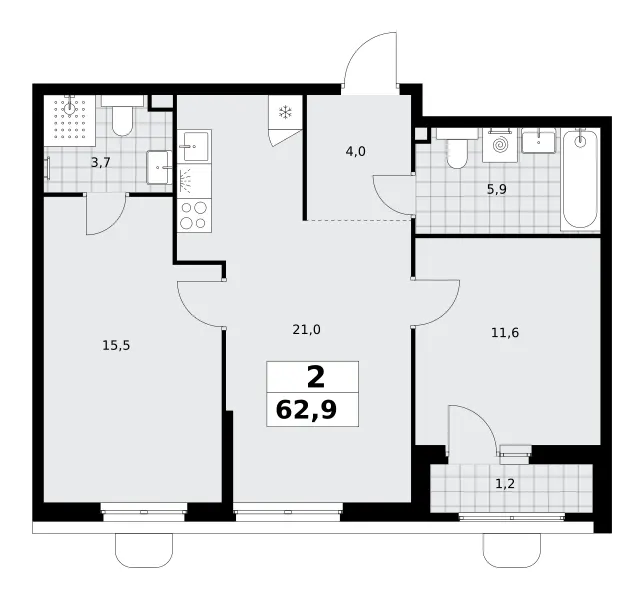 2-комн. 62.9 м²