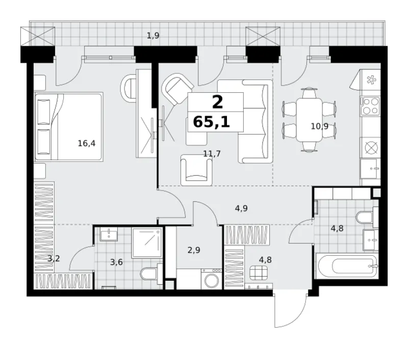 2-комн. 65.1 м²