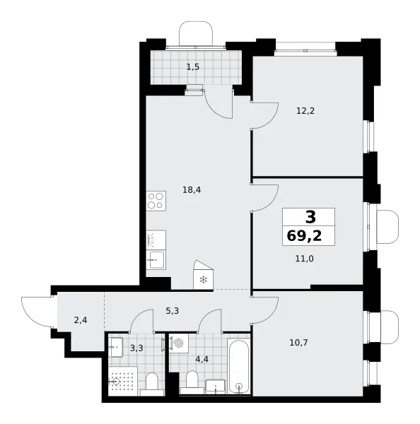 3-комн. 69.2 м²