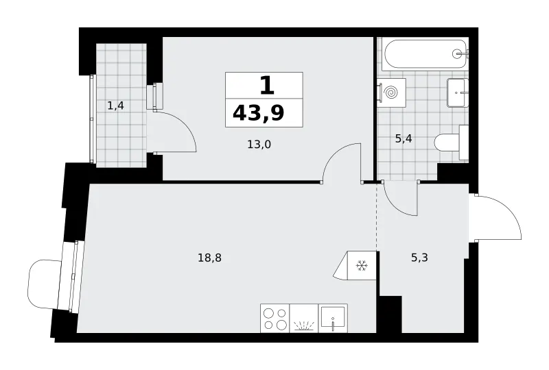 1-комн. 43.9 м²