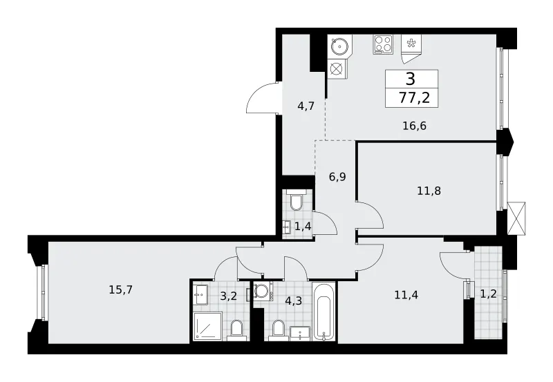 3-комн. 77.2 м²