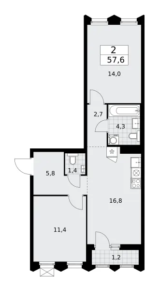 2-комн. 57.6 м²