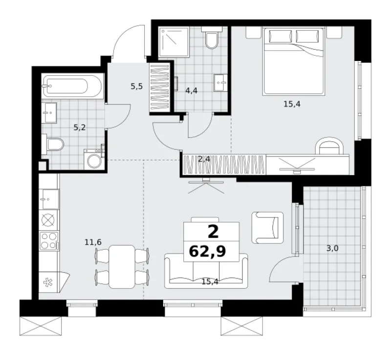 2-комн. 62.9 м²