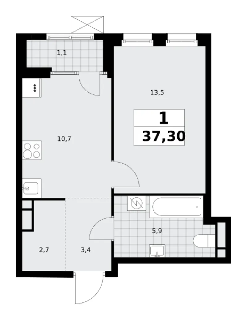 1-комн. 37.3 м²
