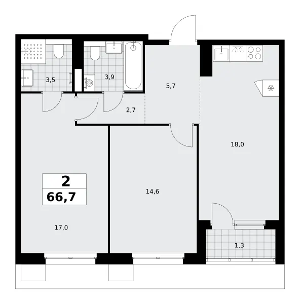 2-комн. 66.7 м²