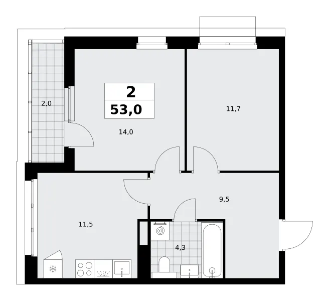 2-комн. 53 м²