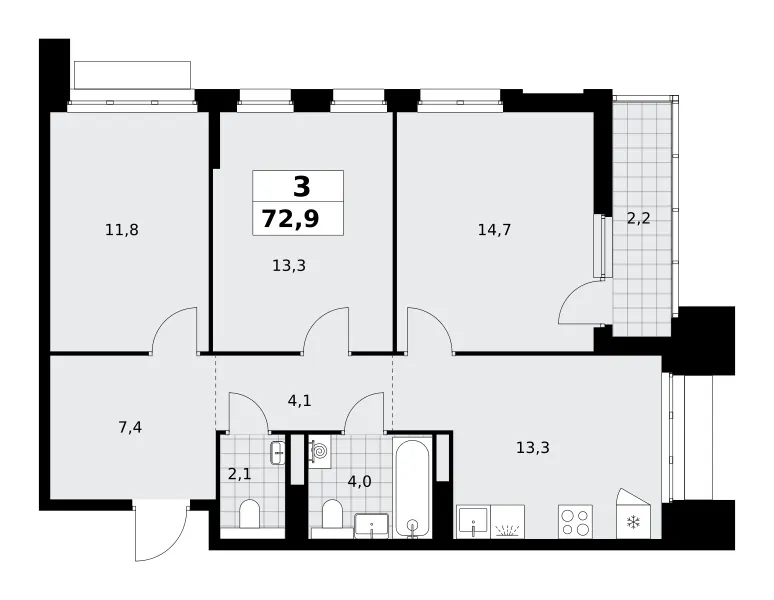 3-комн. 72.9 м²
