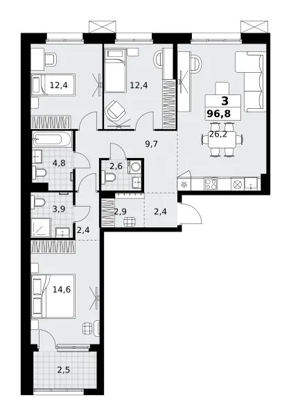 3-комн. 96.8 м²