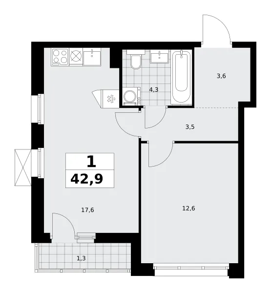 1-комн. 42.9 м²