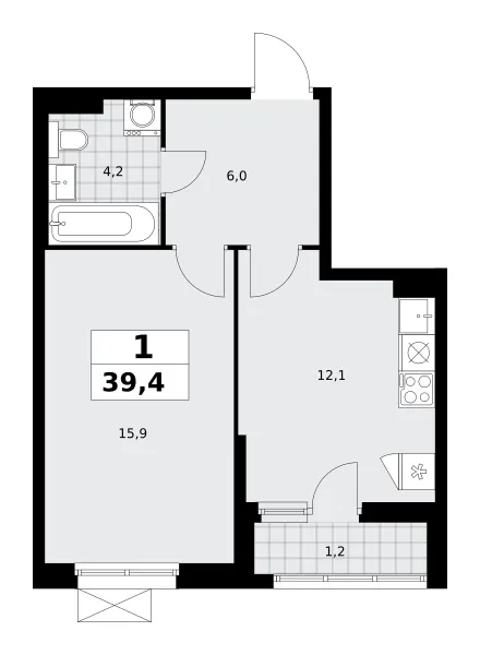 1-комн. 39.4 м²