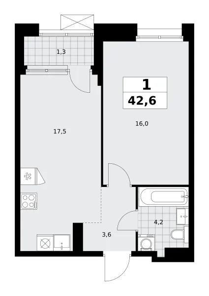 1-комн. 42.6 м²