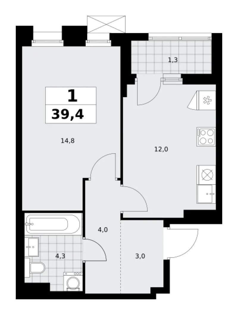 1-комн. 39.4 м²